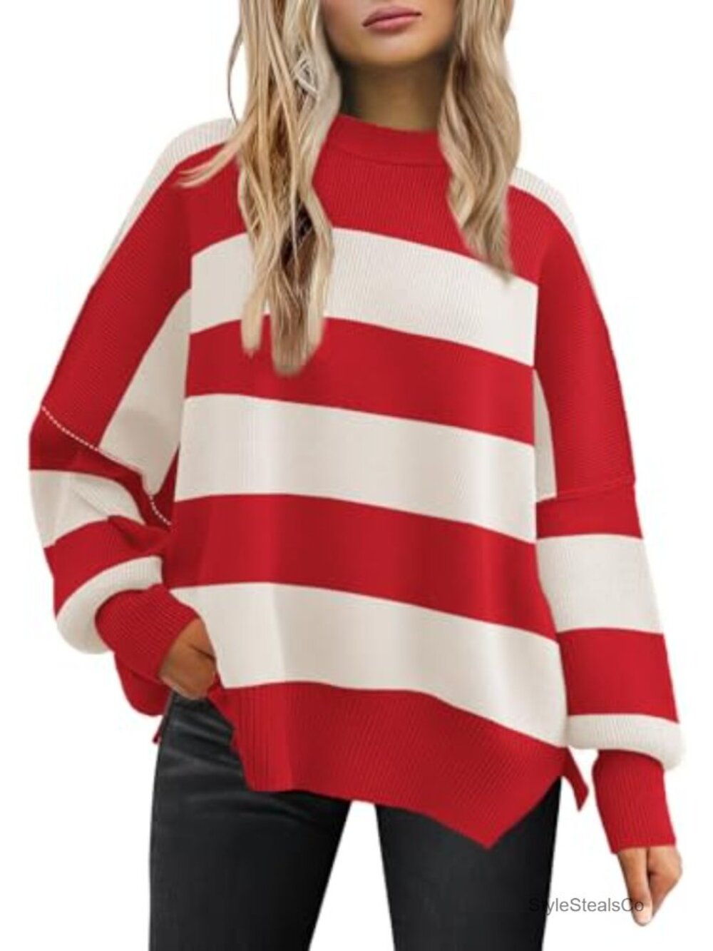 Womens Oversized Ribbed Knit Sweater Batwing Sleeve Crewneck Pullover